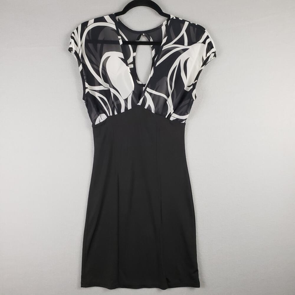 Y2K Chiffon Layer Mini Dress Black White Abstract Office Siren Secretary Size M